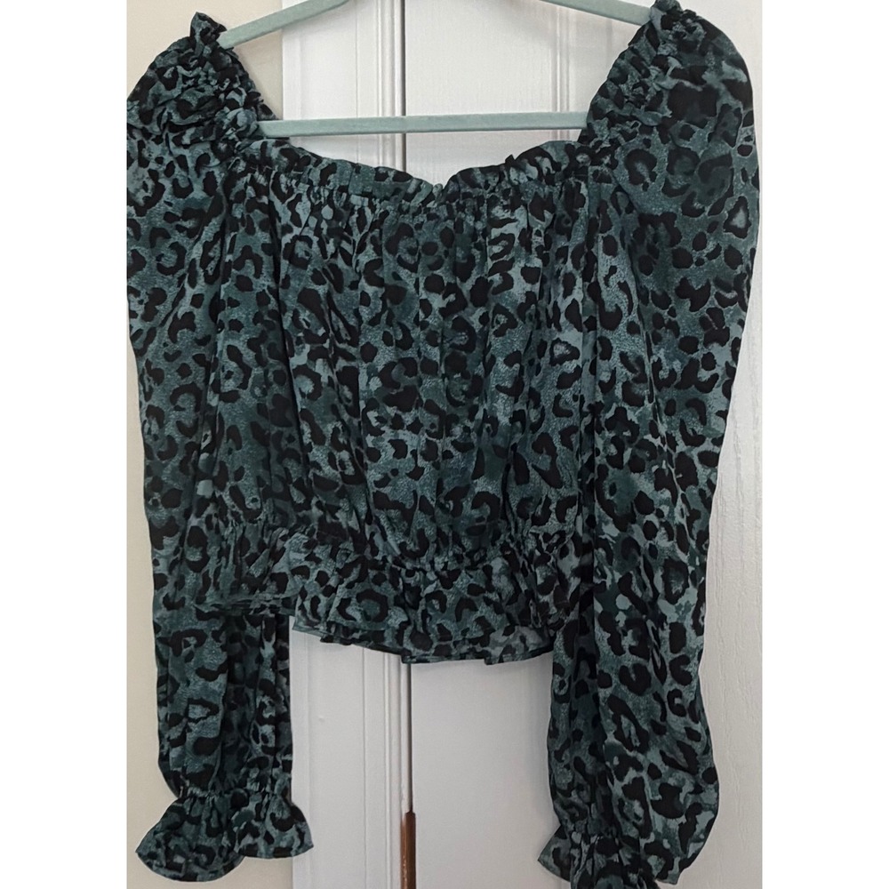BuddyLove Teal Leopard Print Off The Shoulder Smocked Crop Top XS NWT